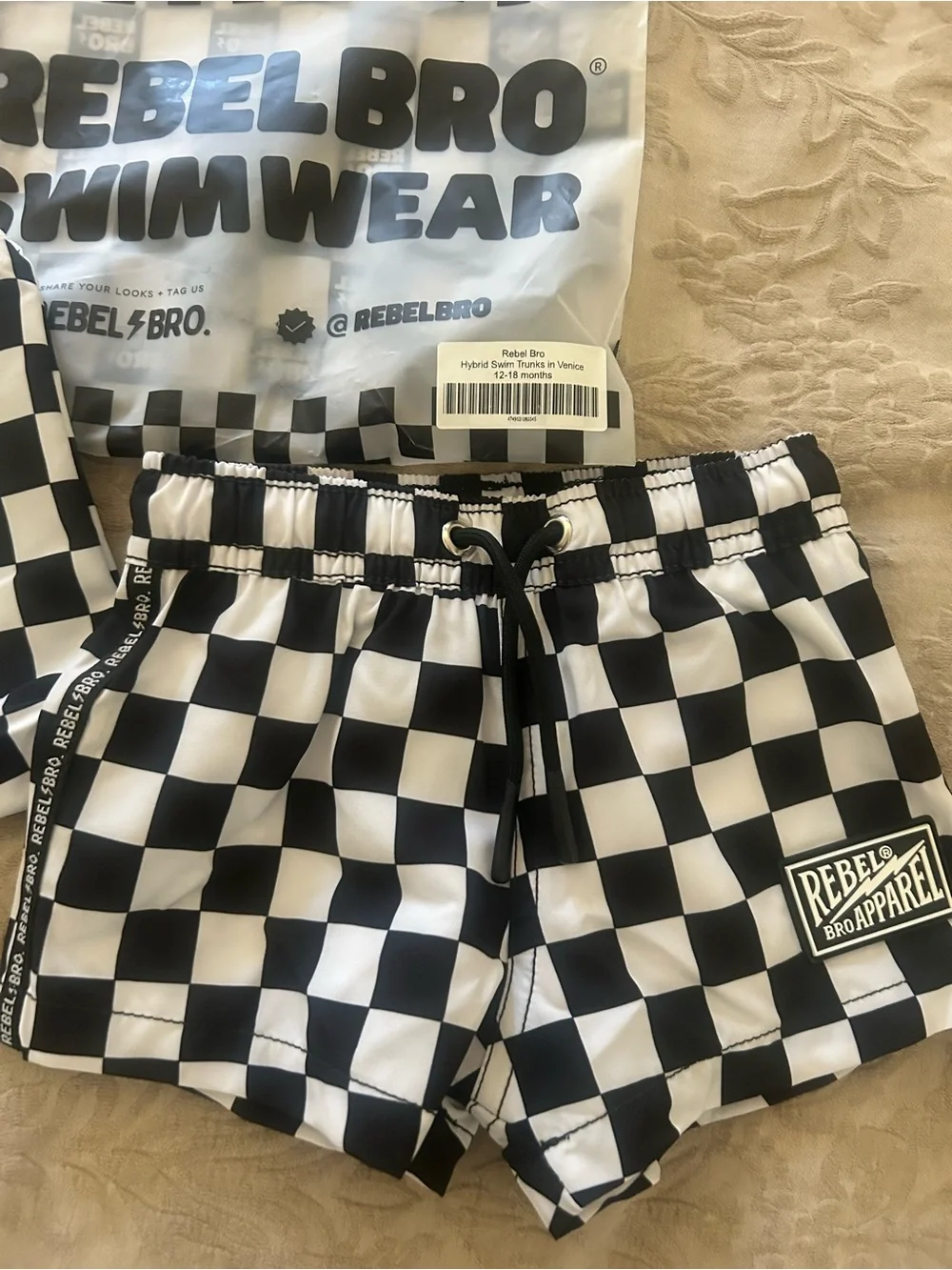 Rebel Bro Apparel Checkered Swim Trunks - Black & White 12 to 18 months